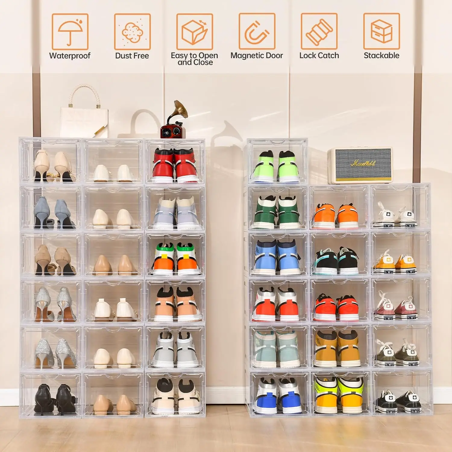 Large Shoe Storage Box,Shoe Box Clear Plastic Stackable,Drop Front Shoe Box with Clear Door,Containers For Sneaker Display