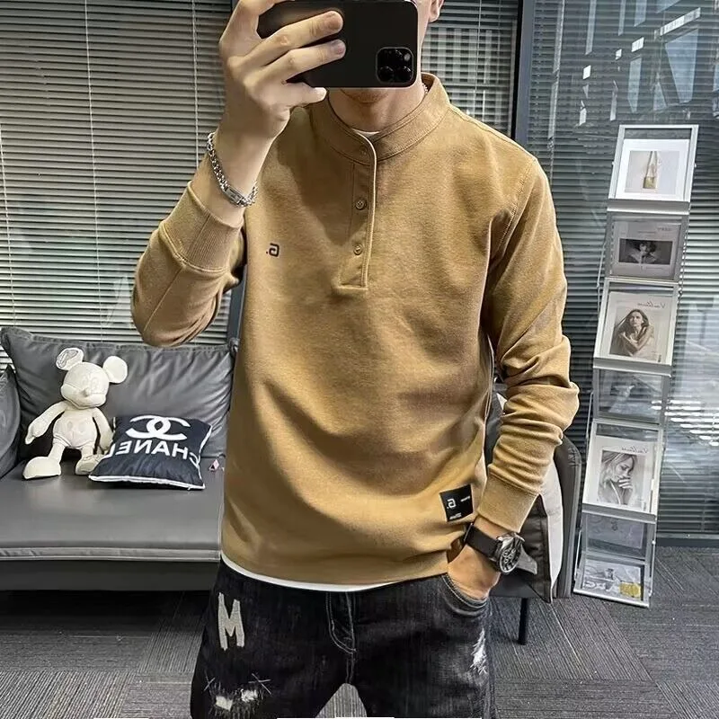 Men's 2023 Spring and Autumn New Korean Edition Solid Color Long Sleeve Stand Collar Printed Embroided Pullover Hoodie Slim Tops