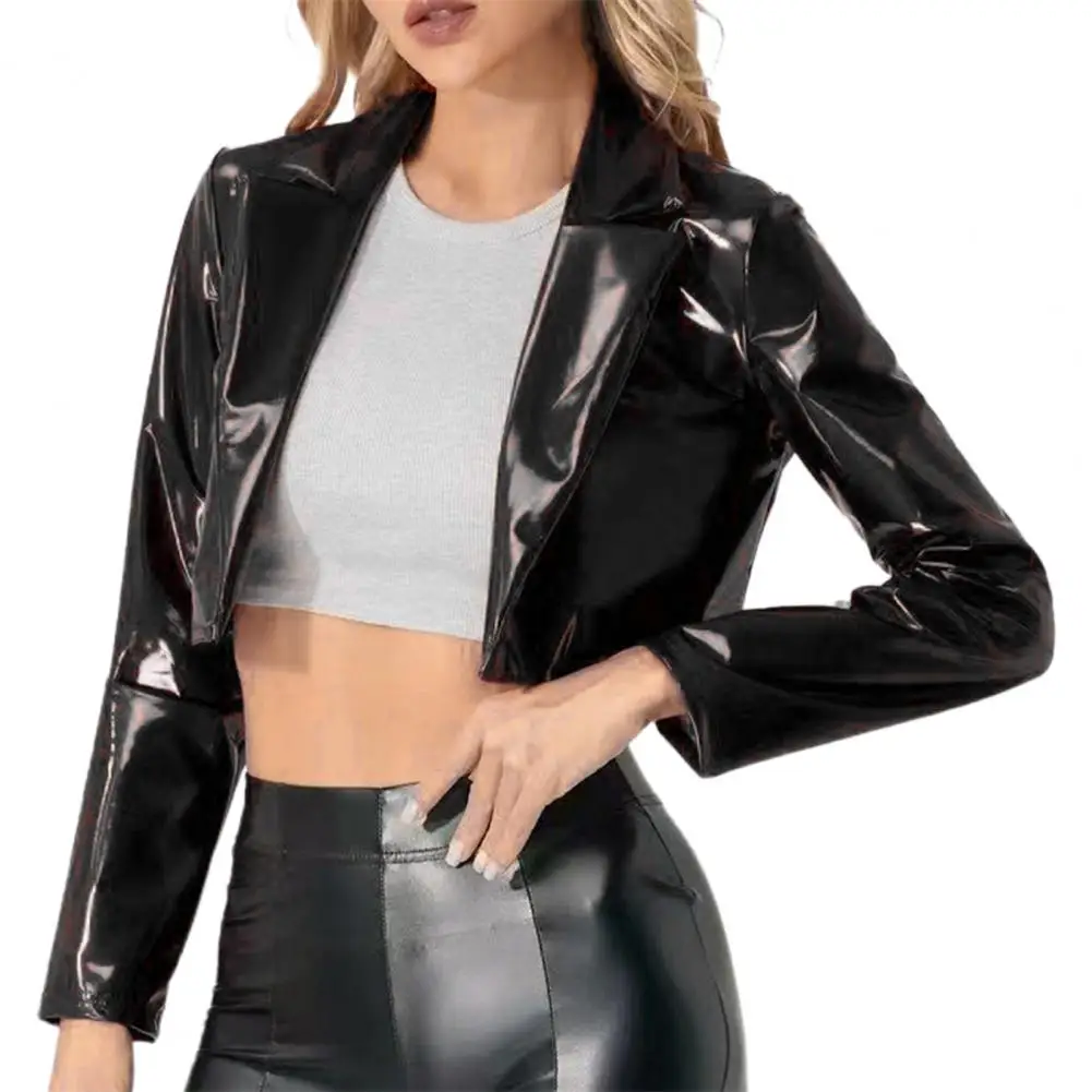 Faux Leather Jacket Women's Glossy Faux Leather Cropped Coat with Long Sleeve Lapel Jacket for Clubwear Cosplay Festival Costume image