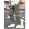 New men's overalls multi-pocket loose men draw rope solid color outdoor hiking overalls 1