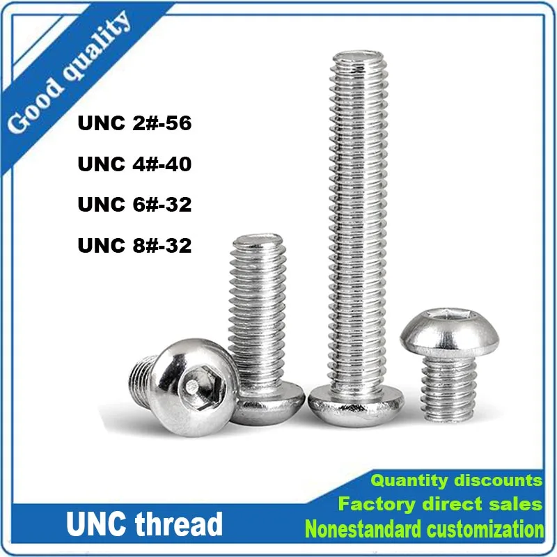 

50pcs UNC 2#-56 4#-40 6#-32 8#-32 US Coarse Fine Thread A2 Stainless Steel Allen Hex Hexagon Socket Button Round Head Screw Bolt