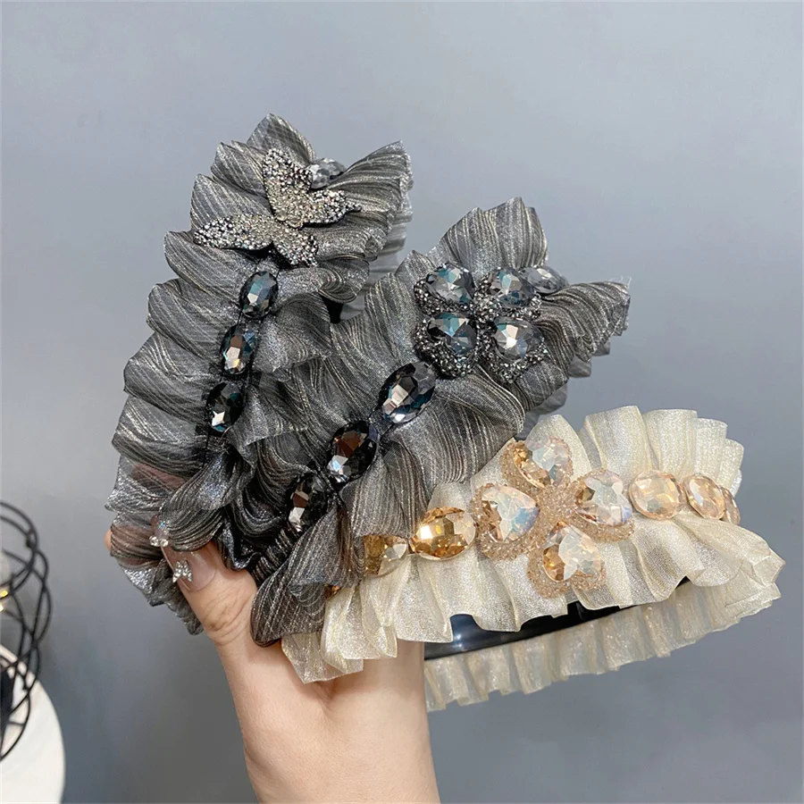 New ruffled rhinestone headband Korean temperament black pleated princess hairpin headband autumn and winter headband wholesale new french retro pleated wide brimmed headband women versatile high skull hairband premium temperament headwear with rhinestone