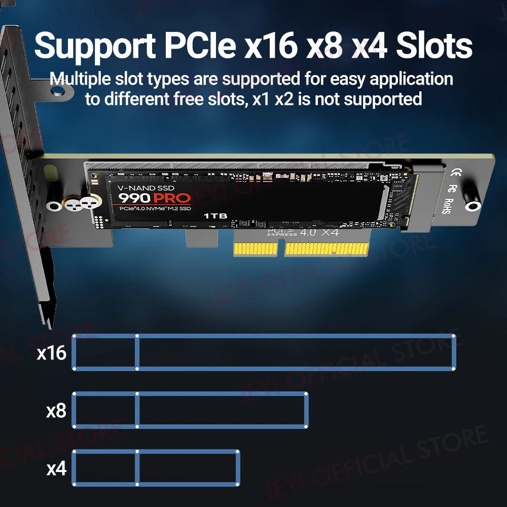 Jeyi-cartão de Expansão para Desktop M.2 Nvme para Pcie 4.0 3.0 Adaptador com Dissipador Ssd de Alumínio 64gbps Gen4 Pcie x1 x4 x8 X16 - Imagem 2