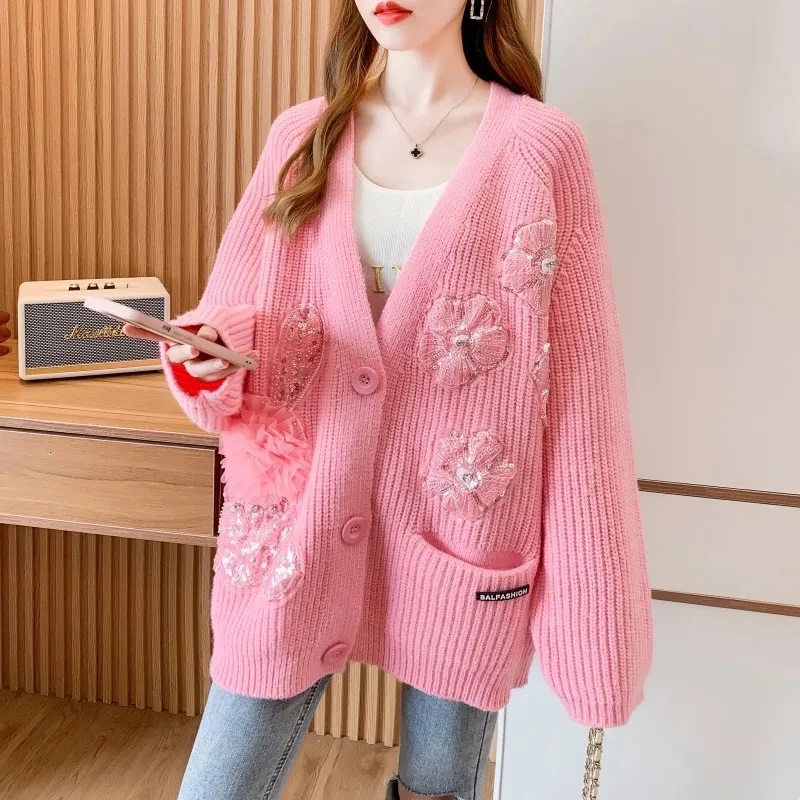 

Large Size Sweater Crochet Mohair Loose Slouch Straight Style Knitted Cardigan Coat Commuter Sweater