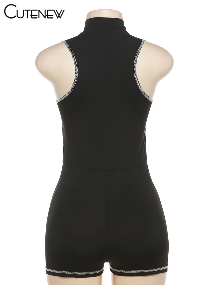 Women's Black Mesh Patchwork Playsuit Casual Sleeveless Zipper Sporty Rompers Skinny Female Basic Jumpsuit Streetwear
