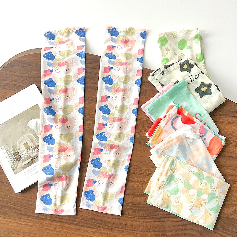 

2023 Women Summer UV Protection Ice Silk Fingerless Mesh Printing Sleeve Arm Sleeves Driving Gloves Outdoor Long Colorful Thin