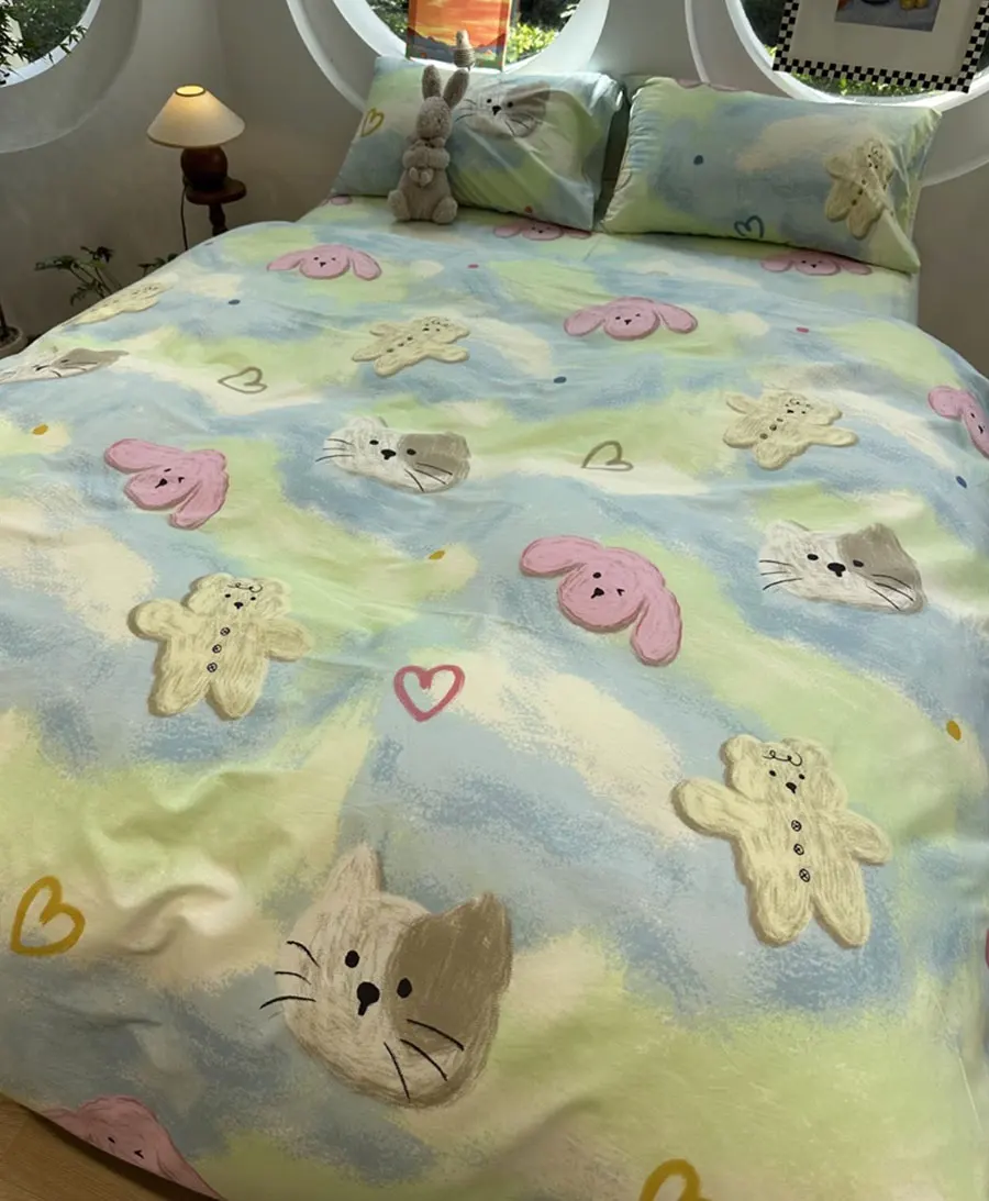 

Комплект постельного белья с милым мультяшным медведем, котом, собакой, 1,2, 1,5, 1,8, для детей и подростков, двухспальная хлопковая домашняя ткань, простыня, подушка, пододеяльник