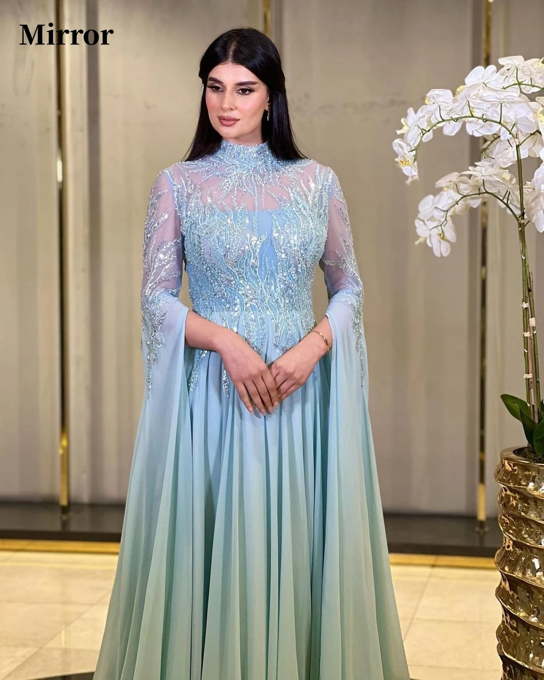 

Mirror Dress Elegant Vintage Sequined Long Sleeves A-Line Floor Length Ball Formal Occasion Prom Dress Evening Party Gowns