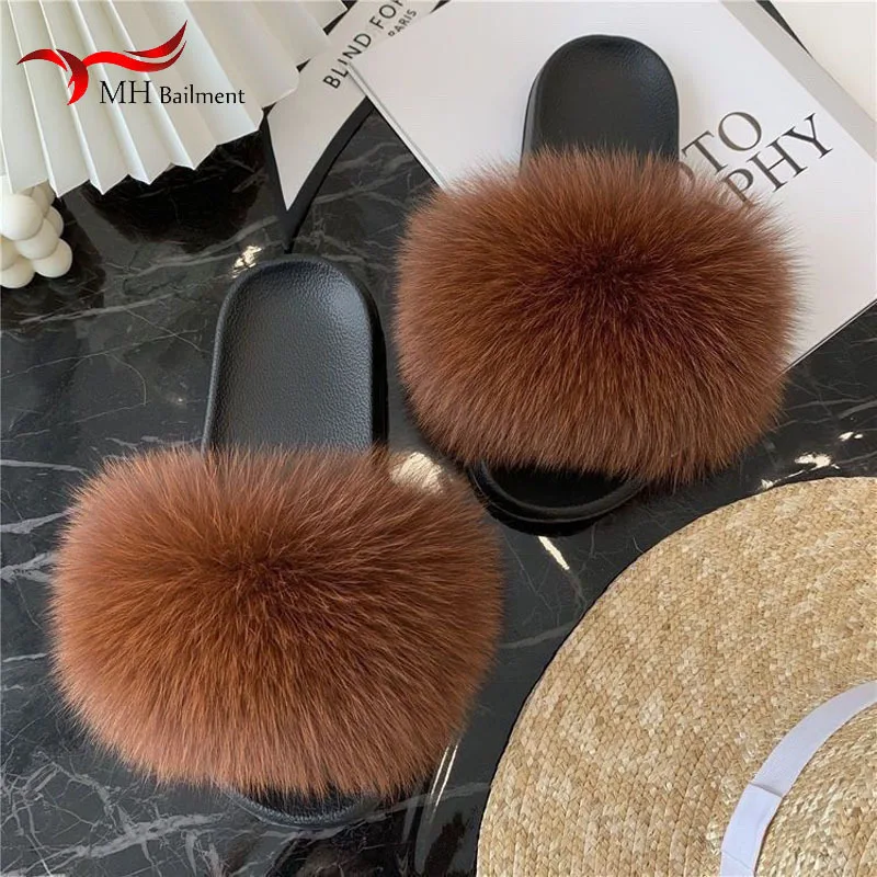 Summer Women Fox Fur Slippers Furry Flat Heels Fluffy Pink Slides High Quality Cozy Raccoon Fuzzy Sandals Fashion House Shoes - Image 2