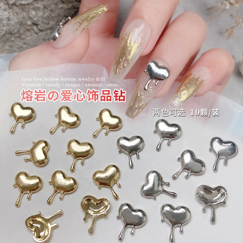 

20pcs Nail Art Lava Alloy Texture Nail Heart Jewelry Gold Silver Heart-shaped Water Drop Texture Metal Bottom Hollow Accessory