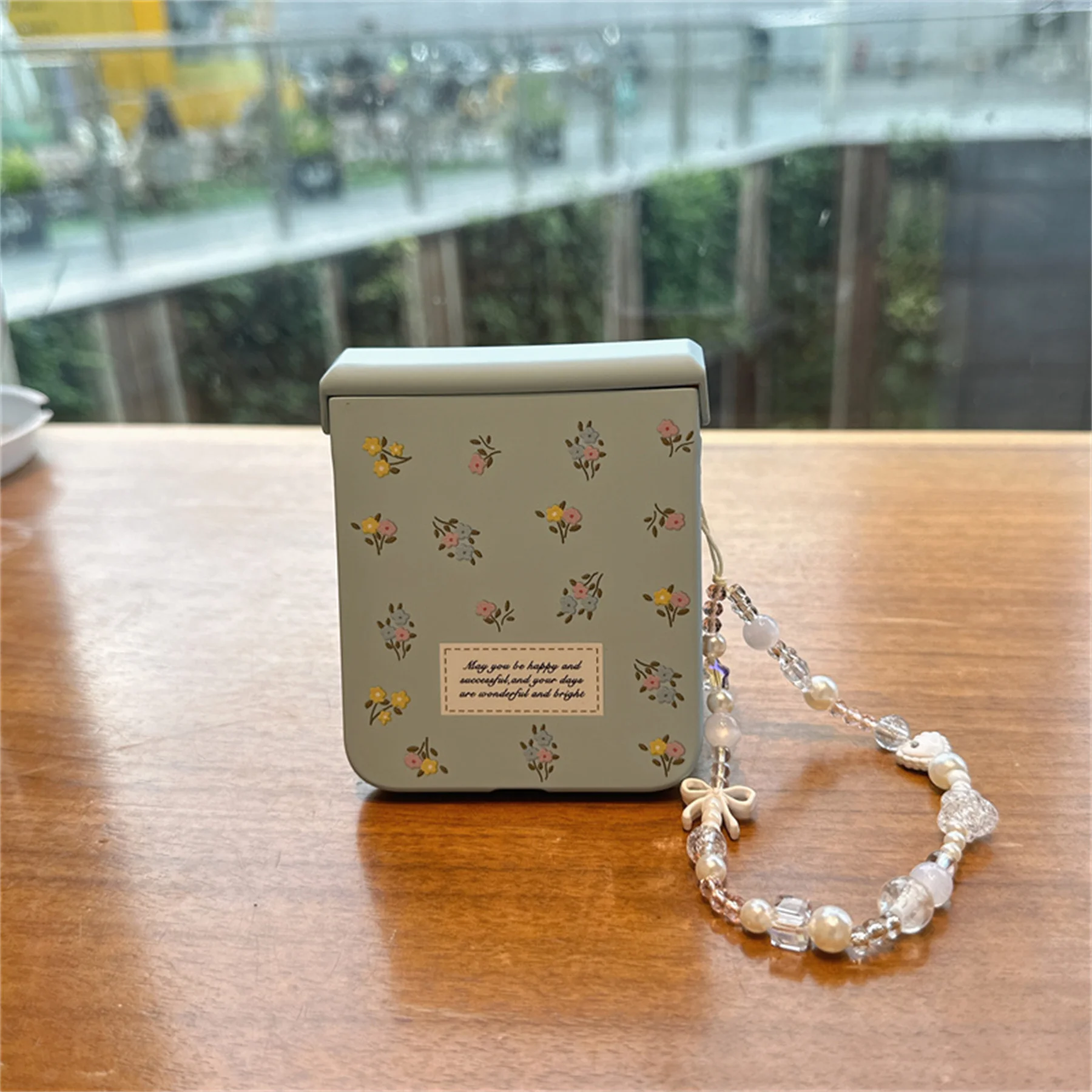 Cute Fresh Floral Pink Blue Phone Case with Bow and Beaded Bracelet Chain