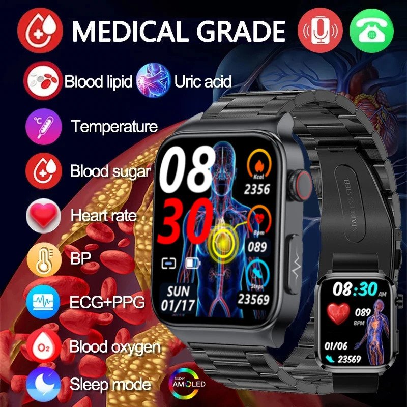 

Новинка 2024, Смарт-часы с измерением уровня сахара в крови, 1,83 дюйма, 240*284, HD сенсорный большой экран, Смарт-часы с ЭКГ, мониторинг неинвазивной глюкозы в крови