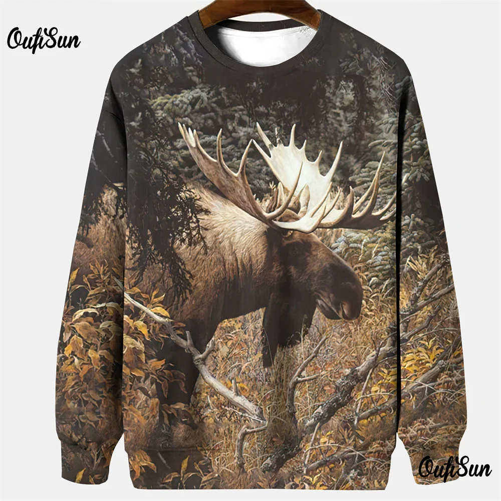 후드티  남성용 사냥 후드, 야외 의류, 3D 엘크 프린트 티셔츠, 오버사이즈 긴팔 상의, O넥 풀오버, 위장 의류 