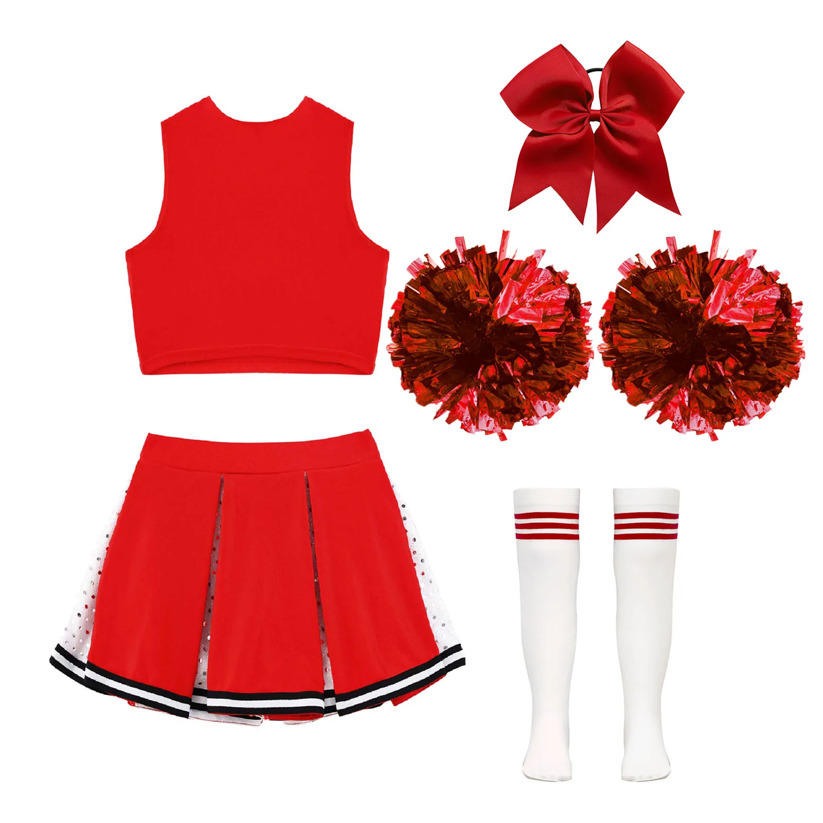 Costume da cheerleader per bambine, completo con top corto con paillettes, gonna a pieghe, copricapo e calzini a righe, uniforme da cheerleader scolastica. - immagine 4