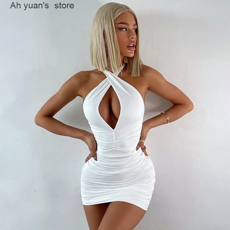 Ah yuan white cross halter ruched women 