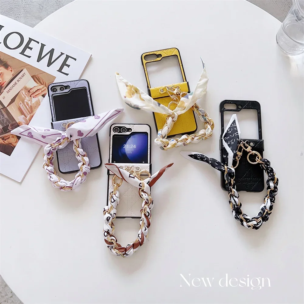 Elegant PU Leather Chain Silk Wrist Strap Phone Case - Shockproof Protective Cover