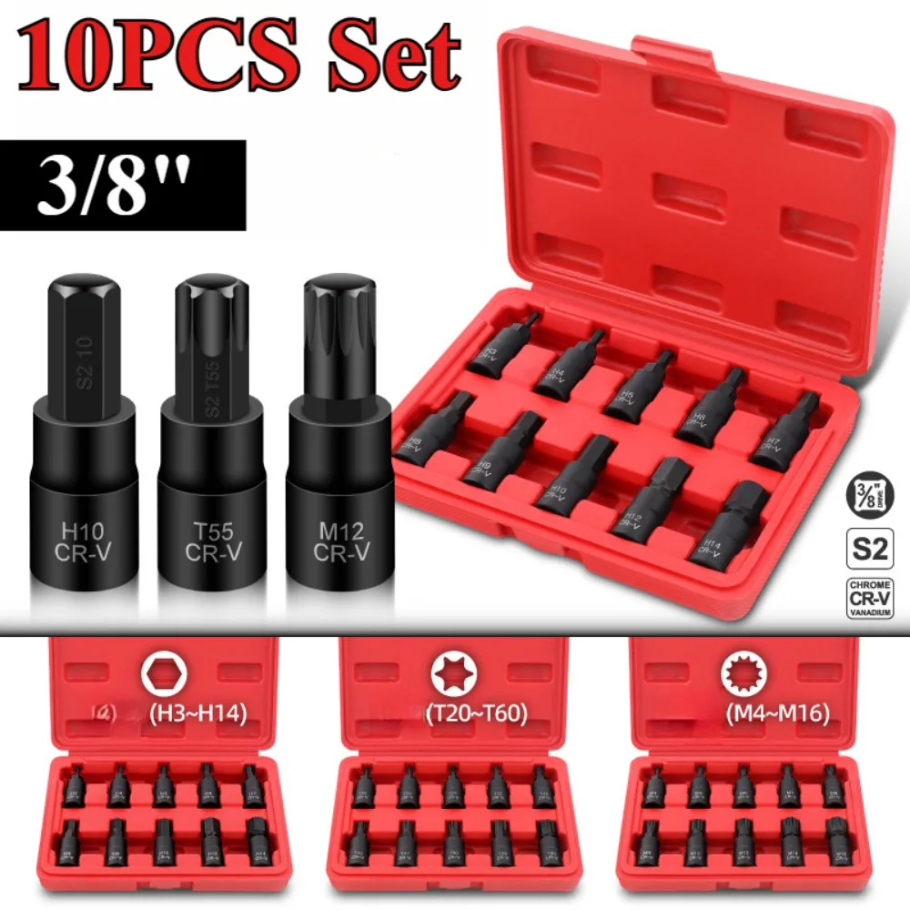 10pcs 3/8'' Chrome Vanadium Alloy Steel Hexagonal Socket Set Auto Professional Repair Socket Tool with Red Case freeshipping