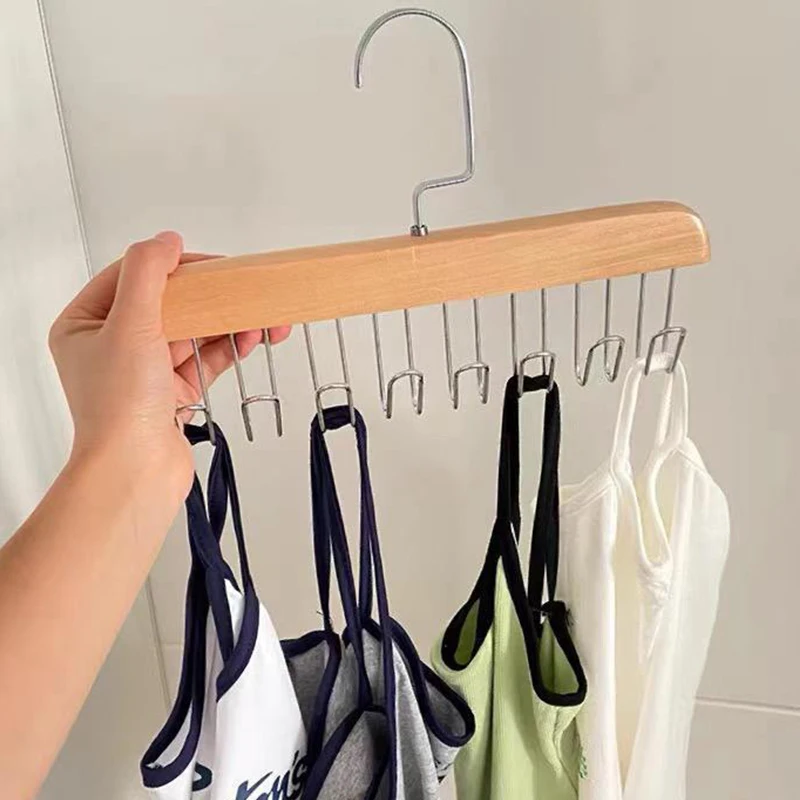Wooden Bra Hanger Belts Camisole Clothes Organizer Rack 8 Hooks Tie Hats Scarf Holder NonSlip Space Saving Wardrobe Storage