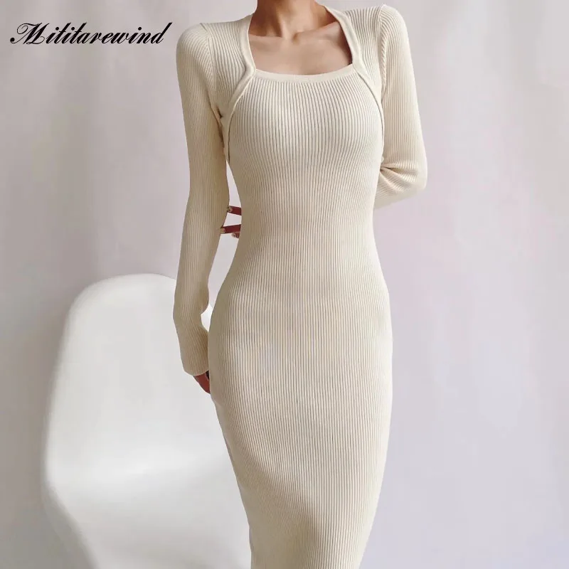

2023 Ladies Elegant Vintage Chic Dress Square Neck Skinny Stretch Knit Dress Long Warm Fashion Vestidos Autumn Winter New dress