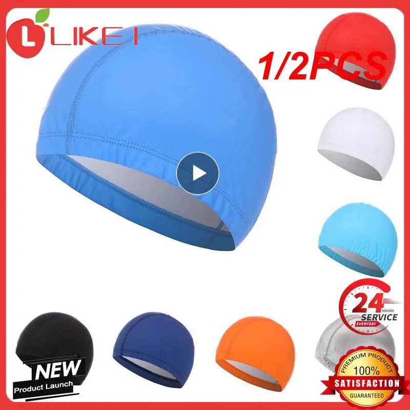 

1/2PCS Swimming Adult PU Waterproof Swim Pool Solid Color Elastic Ears Long Hair Diving Hat Bathing Free