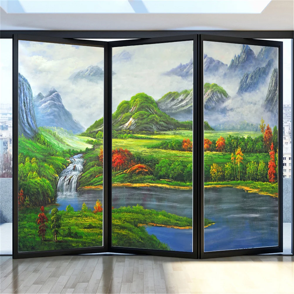 

Privacy Windows Film Decorative Landscape Oil Painting Stained Glass Window Stickers No Glue Static Cling Frosted Window Tint