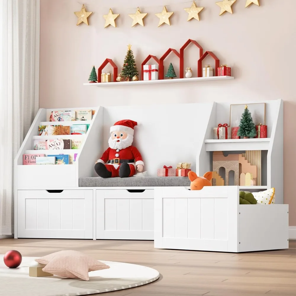 55.1’’ Kids Bookshelf with Reading Nook, Toy Storage Organizer with Seat Cushion and 3 Movable Drawers, Kids Reading Nook 2