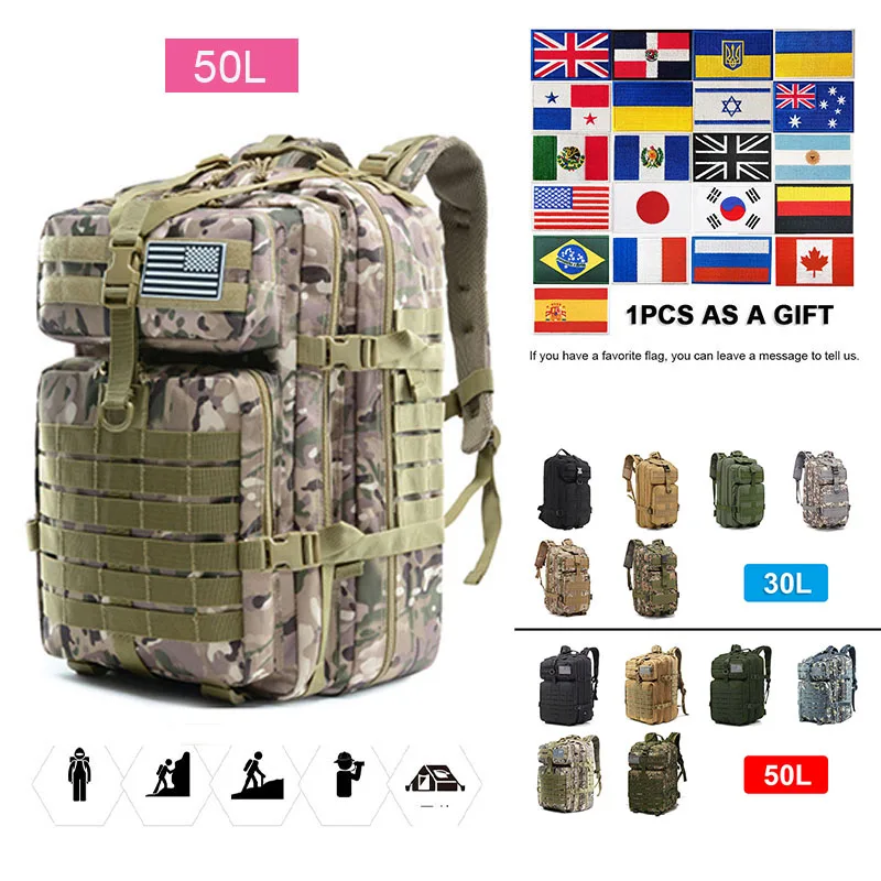 

30L/50L Outdoor Military Hiking Tactical Backpack Outdoor Hiking Rucksack Bag New Portable MOLLE 3P Camping Rucksack Travel Bag