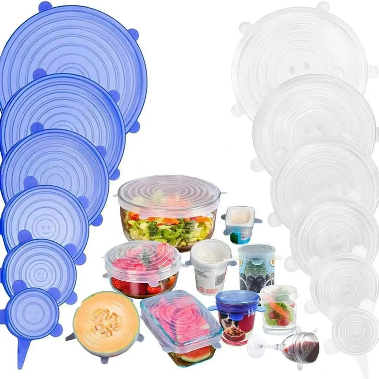 6-pieces set Food Grade Silicone Fresh-keeping Lids Food Sealing Cover Reusable Heat-resistant Lid Kitchen Accessories