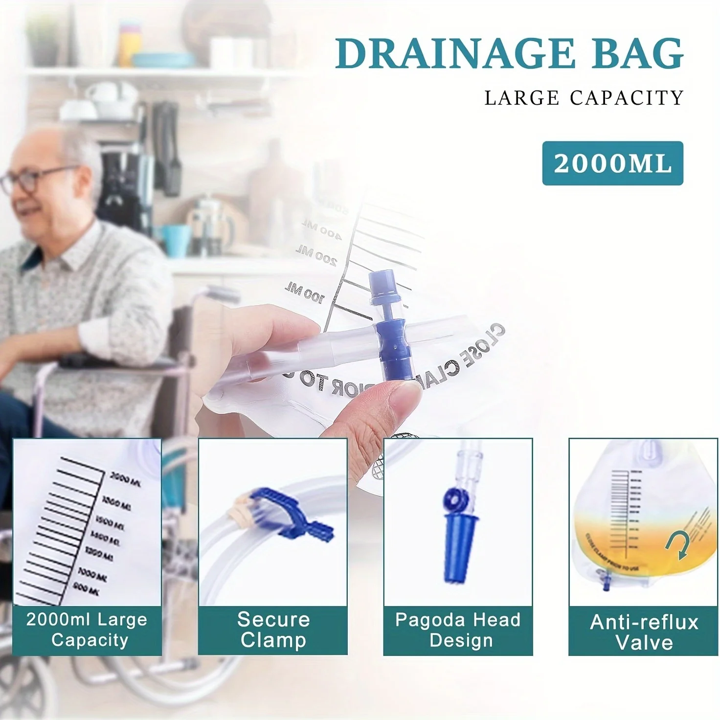 2000ml Urine Drainage Bag with 48" Anti Kink Tube, Cross Shaped Drainage Valve, Leak-Proof and Anti Reflux Design with Hanging H