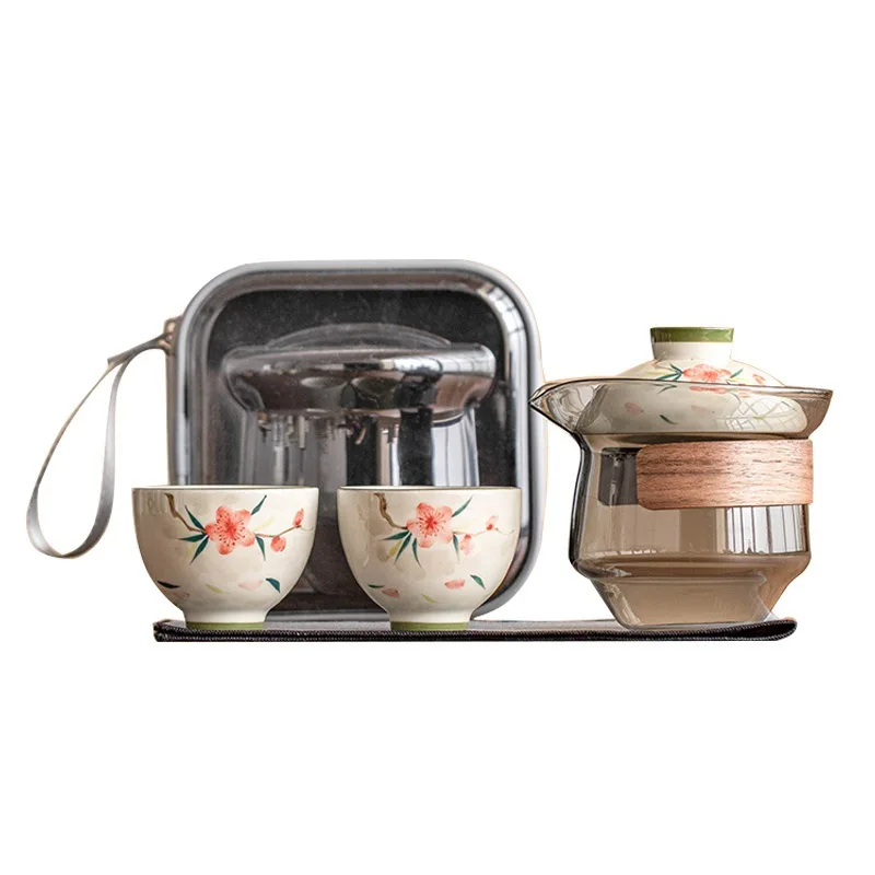 matcha set kitmatcha set kitHand Drawn Peach Blossom Travel Tea Set Kit Handmade Tea Tools Set of Cups 1 Pot 3 Cups Maki