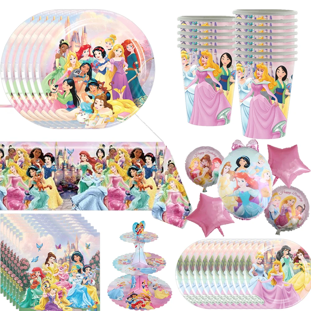 

Princess Party Decorations Kids Girls Birthday Supplies poster Paper plates dinner sets Banner Forks Knives Spoons (25 Guests)