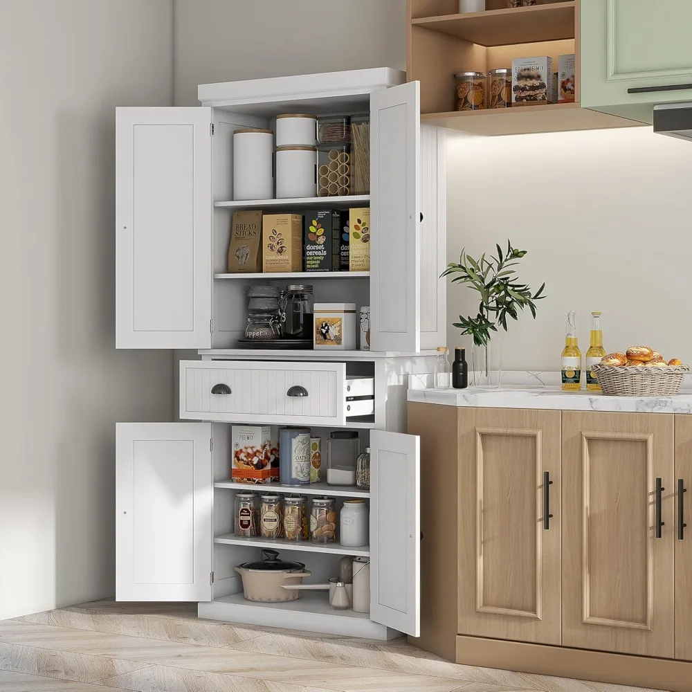 72" Kitchen Pantry Storage Cabinet, Traditional Freestanding Cupboard with 4 Doors and 3 Adjustable Shelves