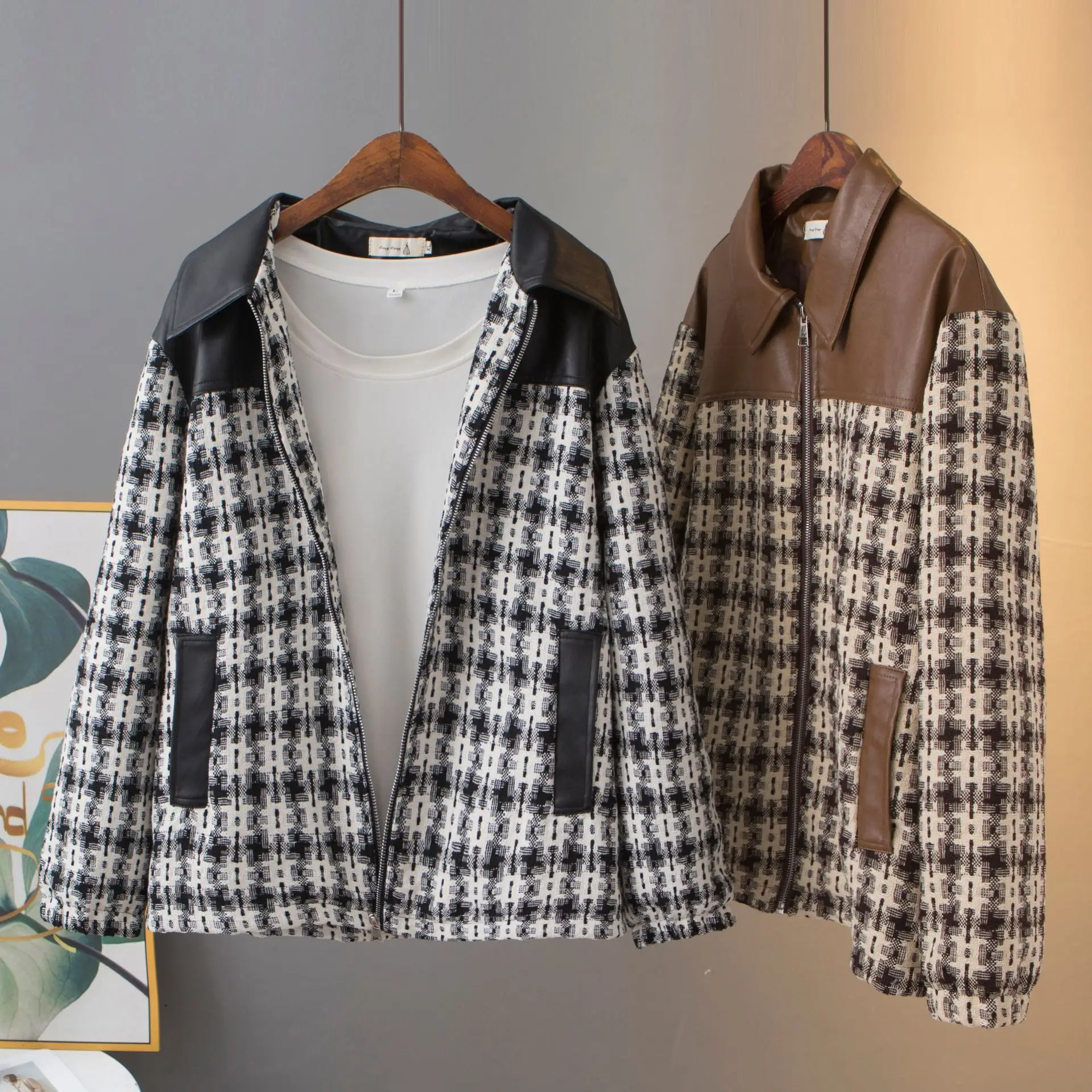 Womens Plus Size Zipper Jacket Autumn Casual Clothing Fashion French Chic PU Leather Patchwork Outwear Curve Coats J8 8931