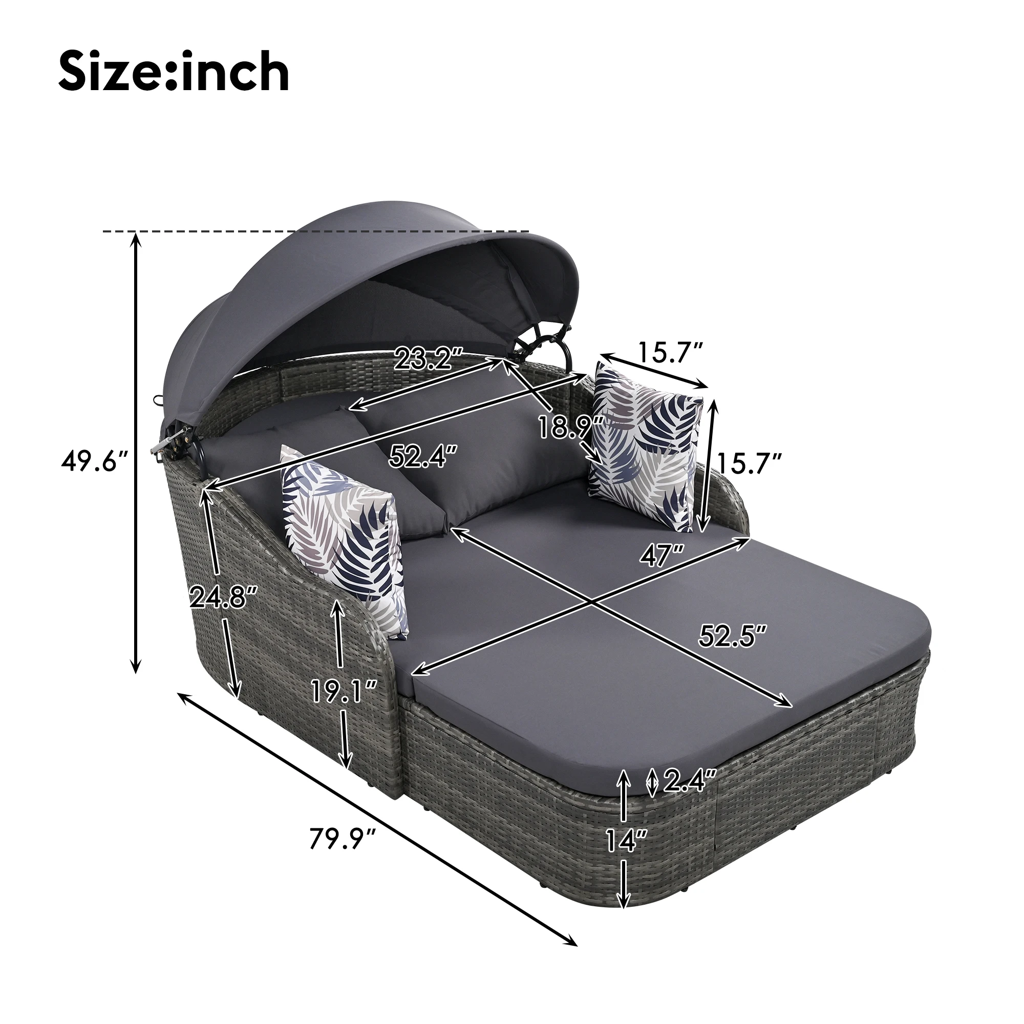 79.9" Outdoor Sunbed with Adjustable Canopy, Double lounge, PE Rattan Daybed, Gray Wicker And Cushion 2