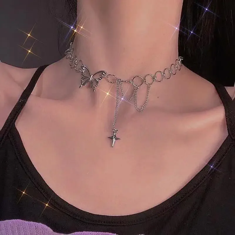 

*Fashion Choker Necklace for Women Silver Color Butterfly Short Gift Necklace Geometric Neck Jewelry