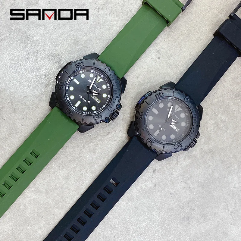 SANDA Brand Luxury Men Silicone Strap Sports Watches 50M Waterproof Weekly Calendar Display Quartz Watch Business Watch For Men