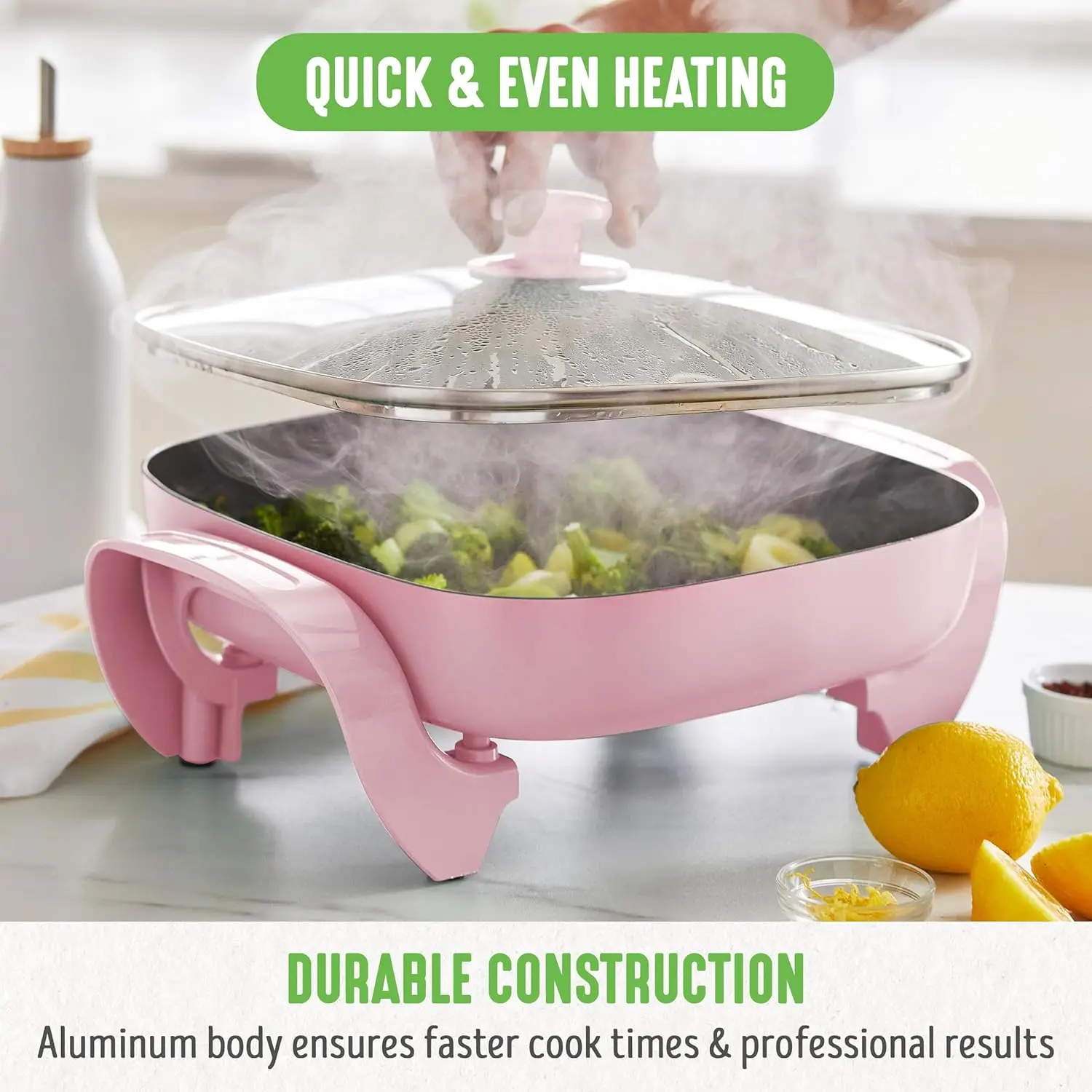 12" 5QT Square Electric Skillet, Adjustable Temperature Control, Cool Touch Handles, Quick Even Heating, Scratch Resistant, Pink