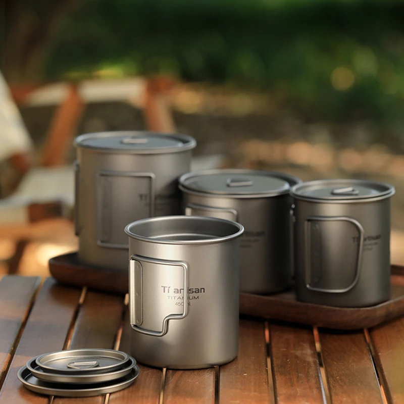 Tiartisan Camping Water Cup combination 200ml-750ml Ultralight Titanium Cup Mug Pot Foldable Handle with Lid and Stuff Sack
