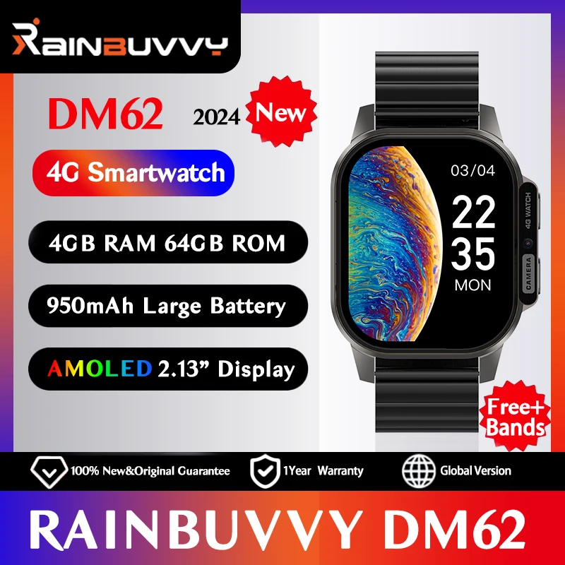 Rainbuvvy DM62 AMOLED 4G LTE Smart Watch 4GB RAM 64G ROM 2.13" HD Screen Supports SIM Wifi Camera GPS Android8.1 Sport Watch 1