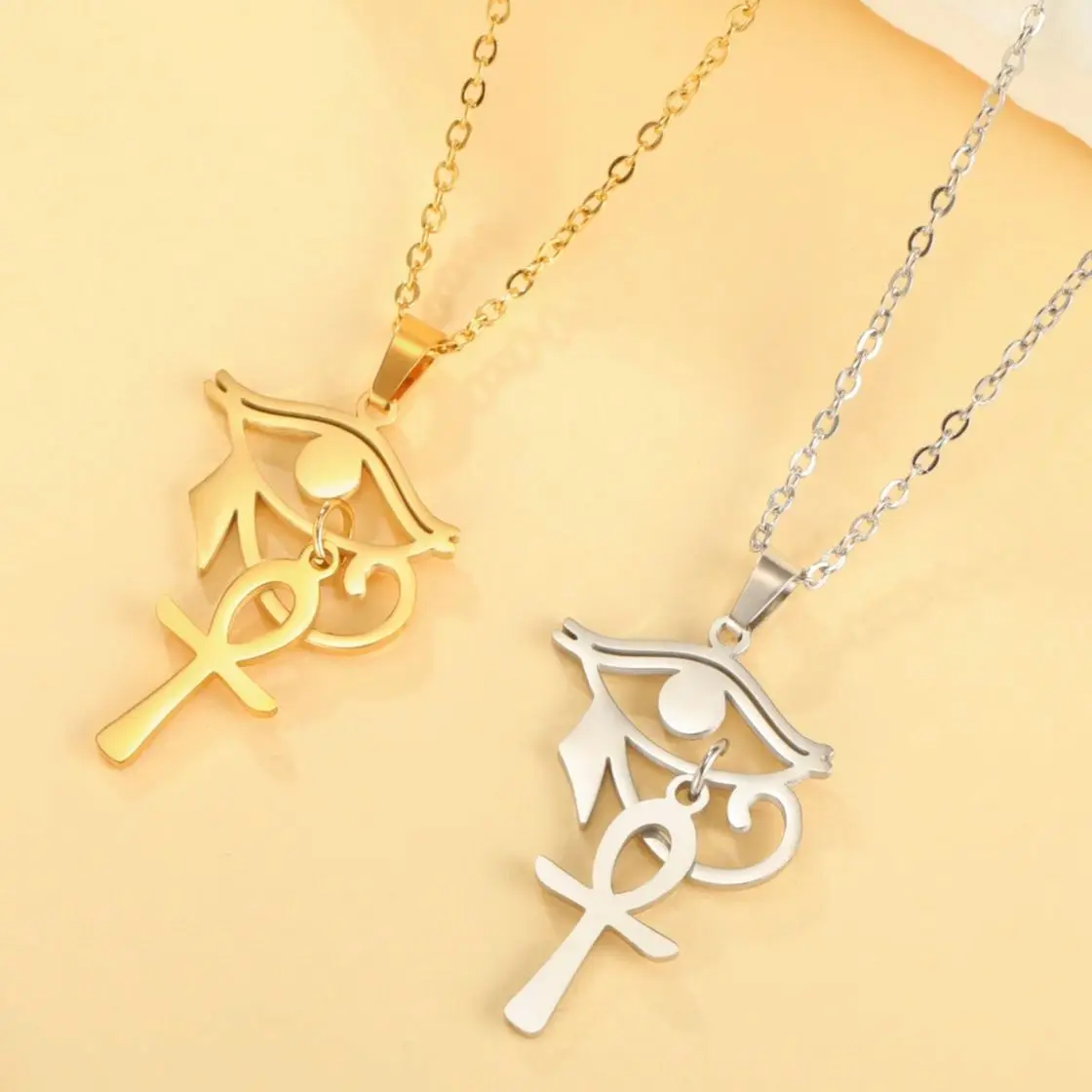 Herren Halskette Auge Des Horus & Ankh-Kreuz – Edelstahl & Kohlefaser, 60 Cm, Mit Geschenkbox, Gold/schwarz/silber