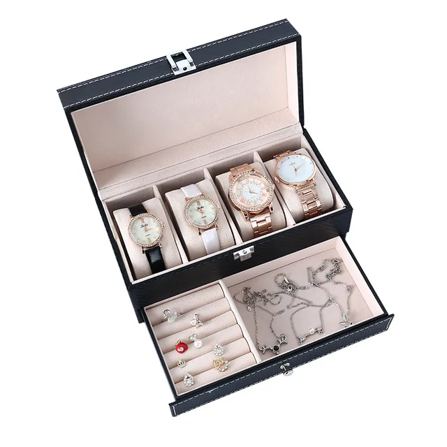 Boîte de montre à bijoux polyvalente double couche à 4 positions, boîte de rangement en cuir pu pour collier, boucle d'oreille, bracelet, bague 2