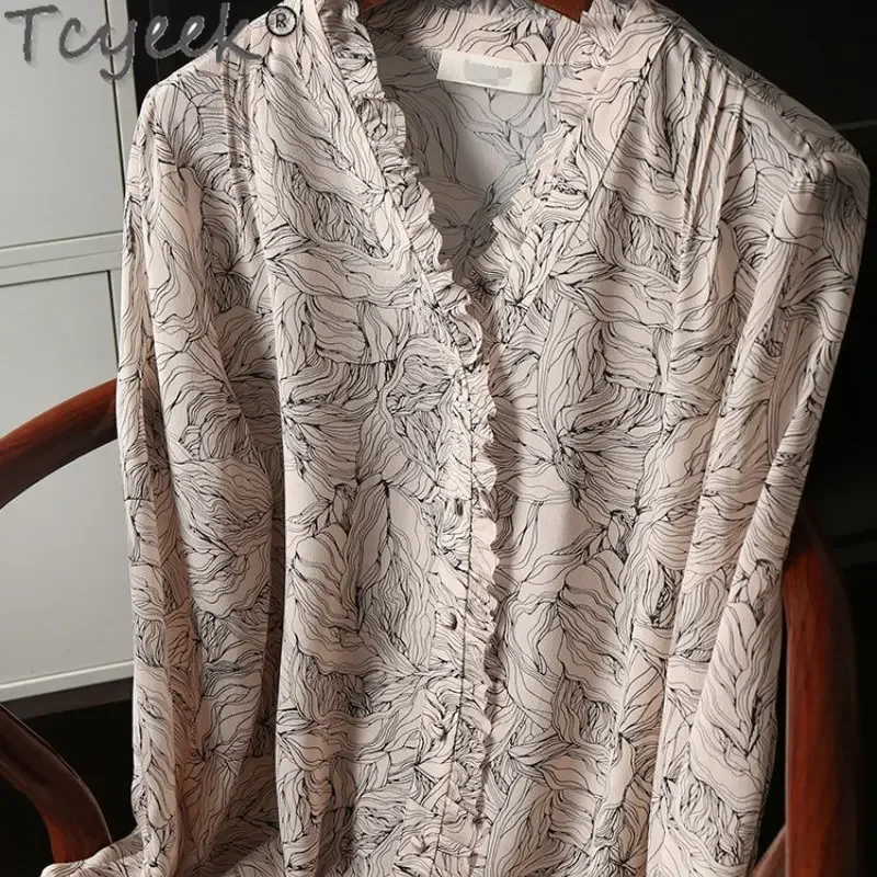 

Tcyeek Elegant 100% Mulberry Silk Shirts Print Long Sleeve Top Female 2023 Spring V-neck Shirt Women Clothes Camisas De Mujer LM