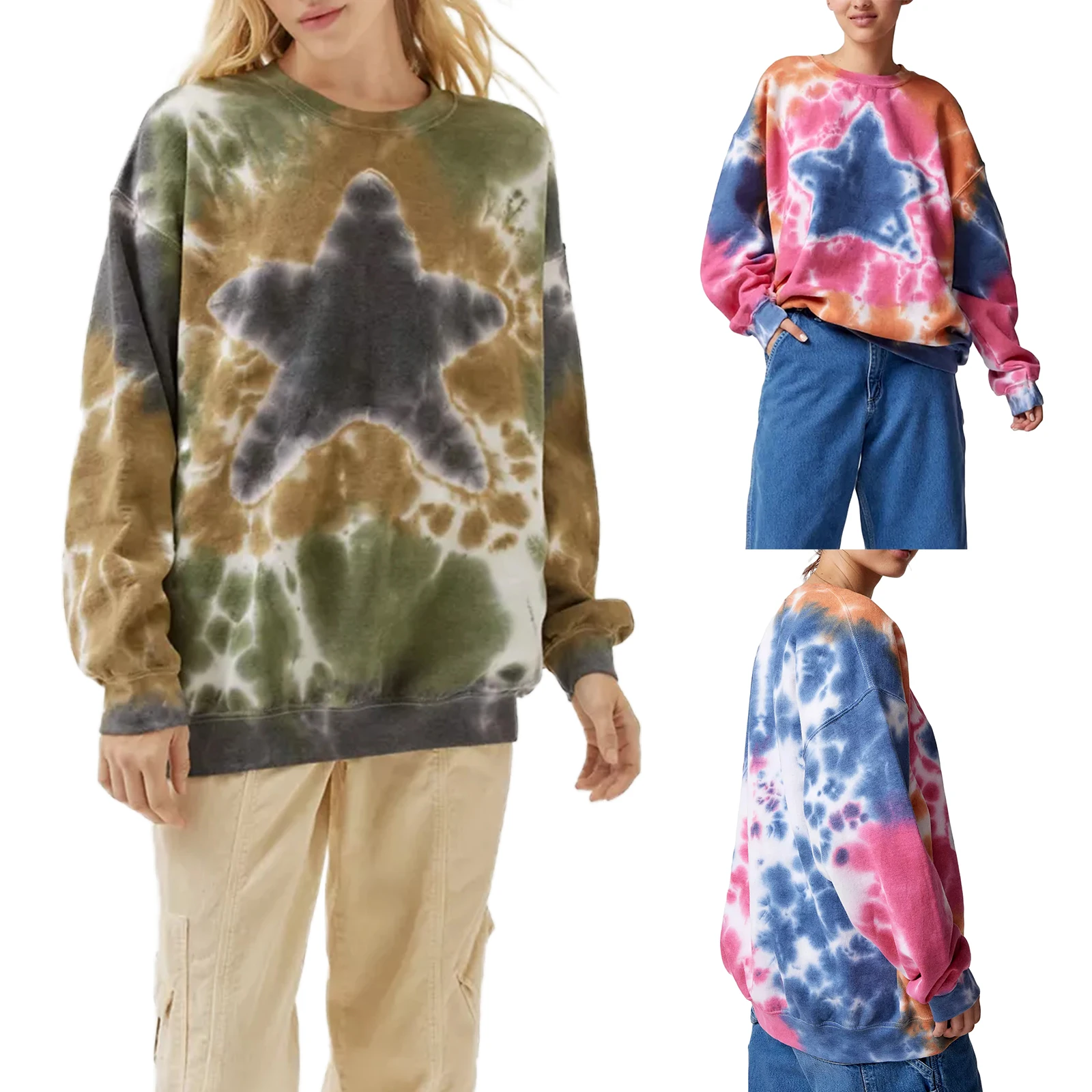 

Women's Casual Long Sleeve Sweatshirts Crew Neck Tie-Dye Stars Print Oversized Pullovers Fall Winter Casual Tops