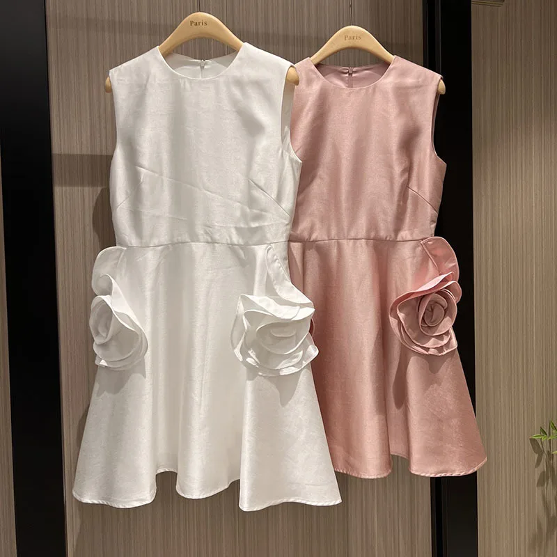 

Элегантное платье без рукавов в виде трехмерной розы, женская одежда, модные милые мини-платья 2 цветов с круглым вырезом, Новинка лета 24