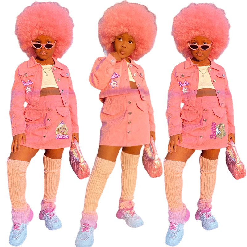 

Джинсовый костюм Барби для девочек, короткий повседневный комплект из двух предметов, рубашка из денима с широкими штанинами для начинающих ходить детей, контрастных цветов