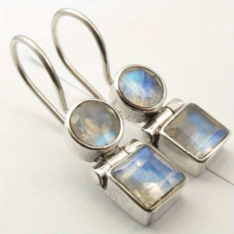 Retro Einfache Silber Farbe frauen Ohrringe Mode Metall Geometrie Intarsien mit Imitation Mondstein Baumeln Ohrringe Frau