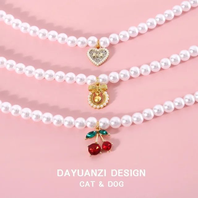 Pet Princess Style Pearl Cherry Love Bow Pendant Necklace Cat Bichon Dog Birthday Ins Wind Collar 3