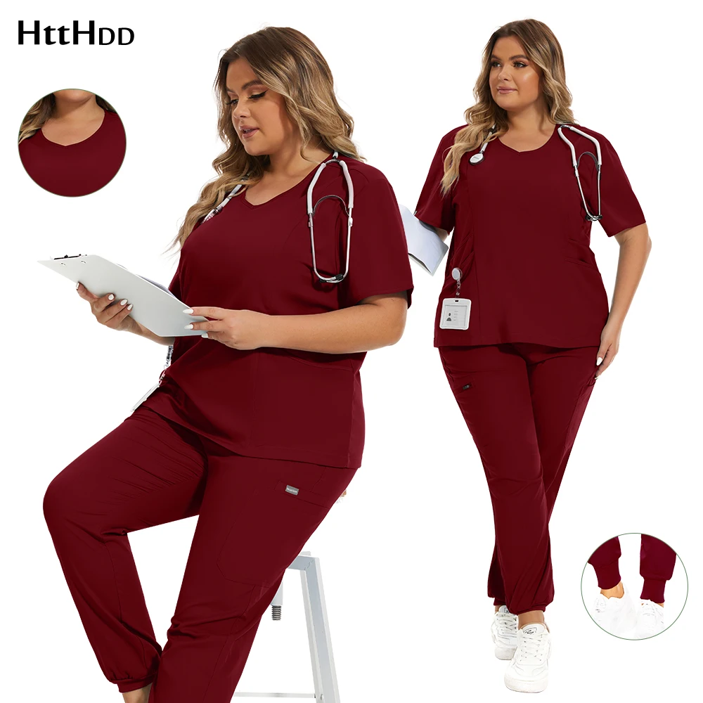 

Scrubs Sets Women Solid Color Uniform Unisex Healthcare Veterinary Dentists Medical Suit Top Pants Doctors Nursing Surgical Gown