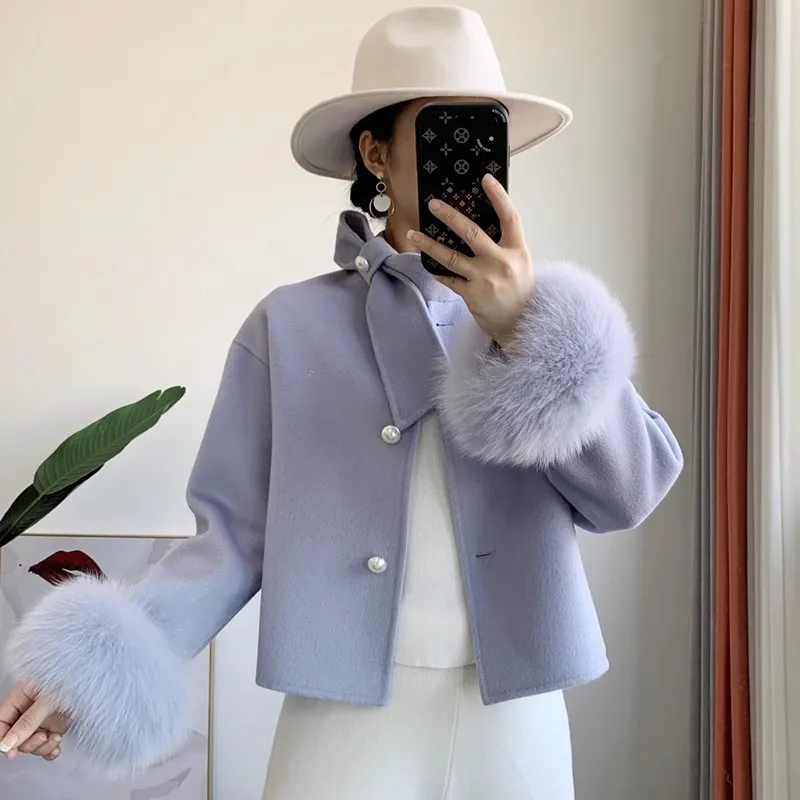 

New 2023 Koean luxury clothing classic cropped natural fox fur real lamb woolen coats Women"s winter real fur coats wholesale
