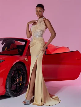 فساتين سهرة ذهبية فاخرة للنساء بفتحة حورية البحر ترتر رسمي لحفلات الزفاف وحفلات الكوكتيل